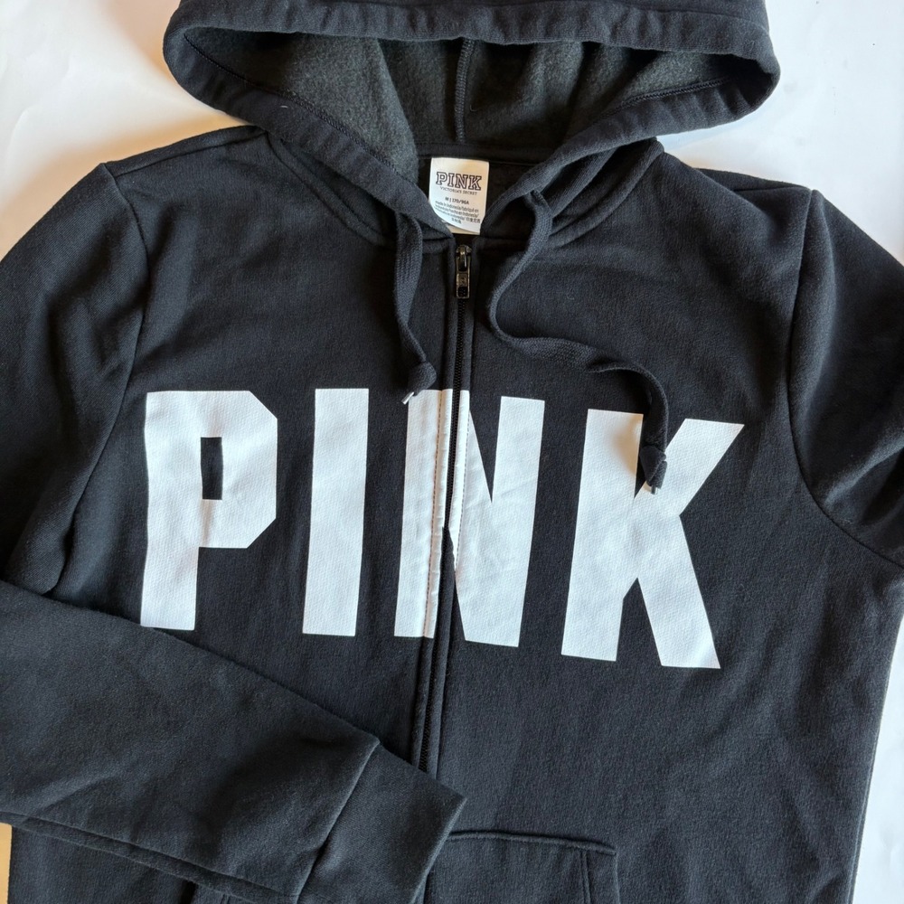 PINK Victoria's Secret Full Zip Hoodie Black White Logo Sweatshirt Womens Medium